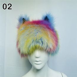 Women Winter Soft Imitation Fur Hat Y2k Rainbow Cat Ear Headdress Festival Funny Dress Party Performance Fluffy Beanies 240111