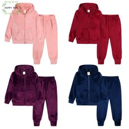 Children Boys Girls Velvet Sweatsuit Toddler Zipper Up Hoodie Jackets Pants Set Fashion Winter Kids 2Pieces Tracksuits Outfits 240111