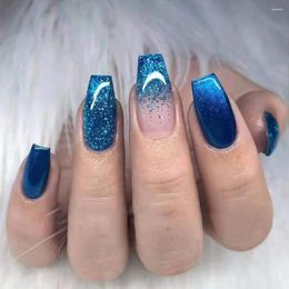 False Nails Coffin Press On Blue Ombre Long Fake Ballerina Full Cover Bling For Women And Girls 24PCS