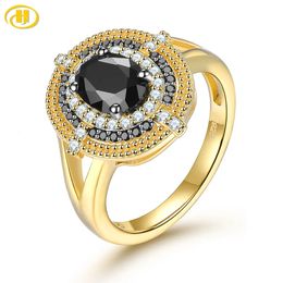 Natural Black Spinel Sterling Silver Rings Yellow Gold Plated 16 s Genuine Gemstone Women Classic Jewelry Original Design 240112