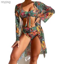 Women's Swimwear 2024 Sexy High Waisted Bikini Three Pieces Printed Swimsuit Women Set With Mesh Long-Sleeved Blouse S-3XL Newest YQ240112