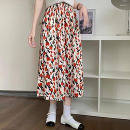 Skirts Vintage Floral Print A-line Pleated Long Summer Women Korean Casual Y2k Skirt Streetwear Elastic Waist Midi Female