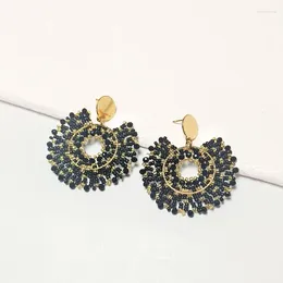 Dangle Earrings Beaded Black Roundness Originality Tide Simple Hand Knitting Bohemia Hollow Out Alloy Geometry Rice Bead