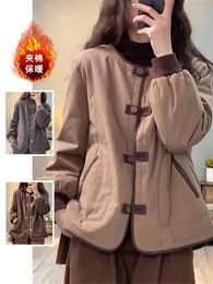 Women's Trench Coats Autumn Winter Retro Contrasting Color Patchwork Cotton Jacket Big Size Light And Thin Casual Round Neck Warm Coat Z4661