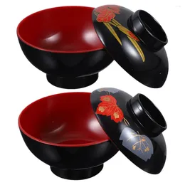 Dinnerware Sets 2pcs Japanese Rice Bowl Traditional Plastic Reusable Small Miso Soup With Lid