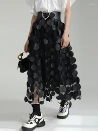 Skirts Retro Black Elegant Round Polka Dots Mesh Long Skirt Spring Summer Women High Waist A-line Half Kroean Simplicity Fashion