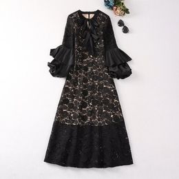 2024 Spring Pure Colour Ribbon Tie Bow Panelled Dress Black Long Sleeve Round Neck Long Maxi Casual Dresses A3J101744