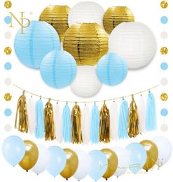 Nicro 38 pcsset Gold Blue White Paper Lanterns Balloons Foil Tassel Garland Baby Shower Birthday Party Decoration DIY Set763447933
