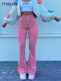 Streetwear Y2k Flared Jeans Women High Waist 90S Fashion Pink Stretch Baggy Mom Jeans Wide Leg Pants Elegant Denim Trousers 240111