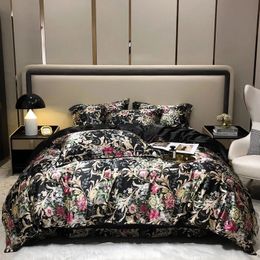 Flowers Pattern Black Mircofiber Bedding Set Soft Smooth Nude Sleeping Printed Healthy Skin Quilt Cover Bed Sheet Pillowcases 240112