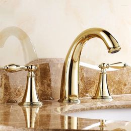 Bathroom Sink Faucets Luxury Gold Deck Mounted Three Holes Double Handles Widespread Faucet Golden Mixer Tap