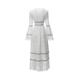 2024 Spring Contrast Color Lace Dress White Long Sleeve V-Neck Long Maxi Casual Dresses A3J101744