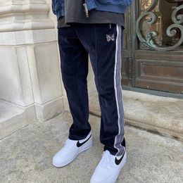 Men's Pants AWGE NEEDLES Velvet Butterfly Embroidery Webbing Track Stripe Trousers D Dark Blue Men Women Sweatpants