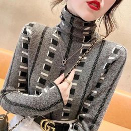 Women's T Shirts Pipe Collar Bottom Shirt Autumn And Winter Fashion Printed Striped Plaid Slim All-match Long Sleeve Pullover Tops