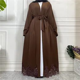 Ethnic Clothing Dubai Kimono Sleeve Cardigan Women Open Front Robe Muslim Islamic Lace Abaya Kaftan With Belted Ramadan Dress Abayas For