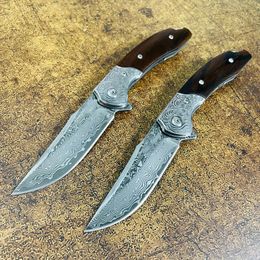 S7215 Flipper Folding Knife Damascus Steel Straight Point Blade Rosewood with Steel Head Handle Outdoor Camping EDC Pocket Folder Knives