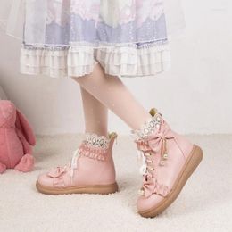 Boots Pink White Sweet Princess's Ankle Cross-tied Bowtie Pearls Pendant TPU Sole Low Heel Party Women Shoes Autumn Winter 2024