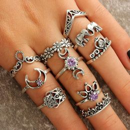 Cluster Rings 10pcs Of Pack Vingate Knuckle For Women With Crescent /crown/elephant And Inlaid Rhinestone Design Female Knokkels