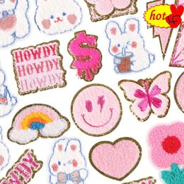 Chenille Patches Anime Iron on for Clothing Butterfly Heart Rainbow Diamond Kids Cute Sew Embroidery Rabbit Smiling Jacket Badge