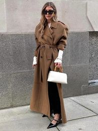 Camel strap wool coat for women's winter elegant double breasted long sleeved jacket for warmth street jacket 240112