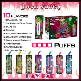 100% Original UZY BAR 8000 Puff Disposable Vape8k Puffs E Cigarettes Vaper 600mAh Rechargeable Battery Device 18ml Cartridge Pod Bar 0% 2% 3% 5% Level 10 Flavor