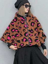 Women's Trench Coats Fashion Pink Leopard Pattern Particle Velvet Thick Loose Zipper Hooded Middle Sleeve Short Jacket Wide-waisted Coat