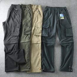 Calças masculinas verão removível carga homens ao ar livre à prova de guerra fina calça casual masculino multi-bolso trabalho reto calças de cintura elástica