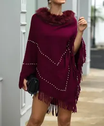 Women's Sweaters Fashion Women 2024 Autumn/winter Casual Warmth Tassel Shawl Cape Fur Collar Pin Bead Pullover Sweater