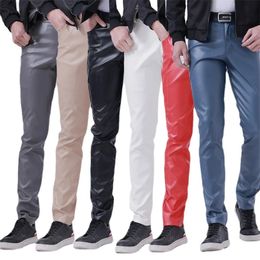 Youth Mens Casual Leather Pants Fashion Men Bar KTV Performance Stage Black Red Male Small Elastic Trousers 240111