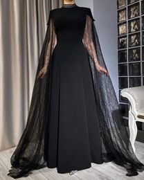 Vintage Black Evening Dress Cap Sleeves High Neck Beading Lace Soft Satin Prom Formal Party Gowns Celebrity Style Robe De Soiree Vestidos De Feast