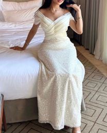 Elegant White Evening Pageant Dress 2024 Off The Shoulder Sequins Beading Sheath Prom Formal Party Gowns Robe De Soiree Vestidos De Feast