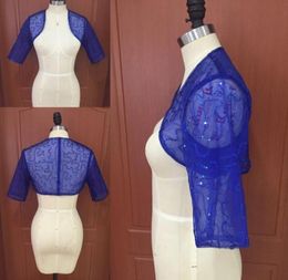 Sparkly Sequins Tulle Royal Blue Bridal Jacket Modest Party Accessaries with Half Sleeves Custom Made Red Navy Blue Blush Purple B8400822