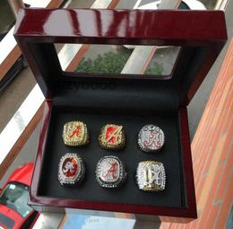 Rings Alabama 6pcs Crimson Tide Saban National Football Team Championship Ring with Wooden Display Box Souvenir Men Fan Gift w 56TA