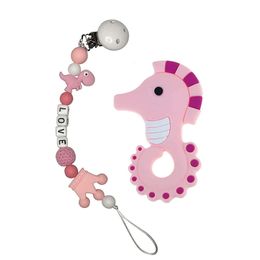 Holder baby Silicone Chewable Beads Lovey Dinosaur Pacifier Holder Clip + Seahorse Teether Toy bpa Free Boys Girls Great Shower Gift - Pink