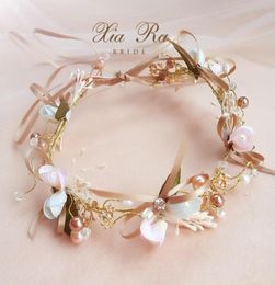 Bridal flower crown handmade girls Colourful pearls rhinestones princess wreath boutique children ribbon Bows wedding hair accessor6651307