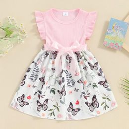 Girl Dresses Toddler Dress Sleeve Ribbed Patchwork Print Solid Color Belt Set Kids Summer Outfits