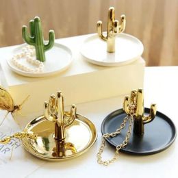 Nordic Golden Cactus Ceramic Jewellery Plate Export Ring Necklace Jewellery Tray Storage Creative Decoration Figurines Miniatures LL