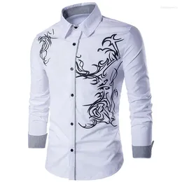 Men's Casual Shirts Ethnic Style Printed Shirt Long-sleeved Spring And Autumn White Lapel Business T-shirt Polyester Top Clothes For Men