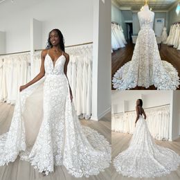 Floral Lace Wedding Dress 2024 Overskirt Boho Garden Modern Fit-n-Flare Bikini Neckline Sleeveless Bridal Gown for Bride Long Chapel Train Bohemian Deep V-Neck Ivory