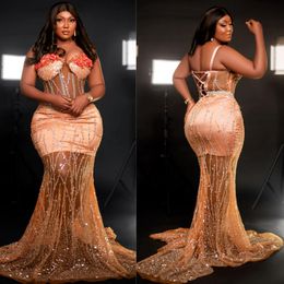 Luxury Aso Ebi Prom Dresses Mermaid Sheer Neck Illusion Formal Evening Dresses Lace Beaded Birthday Party Dress Second Reception Gowns for African Black Women AM376