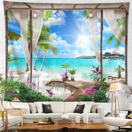Landscape Seaside Tapestry Beach Natural Scenery Mountain Wall Dormitory Decoration Hanging Cloth Home Decorative For Balcony 240111