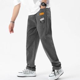 Korean Fashion Mens Jeans Classic Man Straight Denim Wideleg Pants Solid Color Bagy Light Blue Grey Black 240112