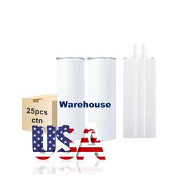 USA Warehouse Großhandel 20oz Wasserflaschen für Hitzepresse Sublimat Straight Rohlinge Sublimation Tumblers Tassen mit Deckel 0112