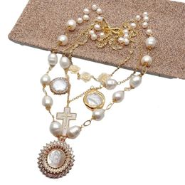 YYGEM Freshwater White Rice Pearl Gold Plated Chian statement Necklace White Shell Virgin Mary Charm Pendant 20 for women 240111