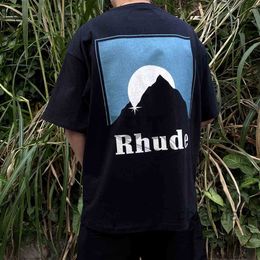 Brand Ins Rhu t Shirt Rhude 21ss Snow Mountain Sunset Theme Print Round Black Wash Water Make Old Couple T-shirt Short s S816