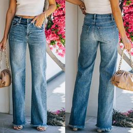 Women's Jeans Women Wide Leg Pants High Wait Denim Flash Washing Loose Holes Pockets Solid 2024 Spring Ankle Length Slight Strech