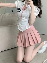 Work Dresses College Hollow Out Love Shirt Pleated Skirt Two-piece Set Women Spicy Bow Bubble Sleeves Sweet Fashion Solid Slim Summer Suit