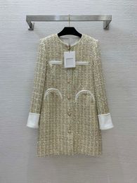 2024 Spring Champagne Solid Color Panelled Tweed Dress Long Sleeve Round Neck Sequins Single-Breasted Casual Dresses B4J121024