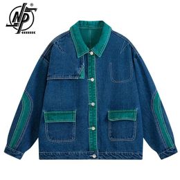 Patchwork Denim Jacket Men Women line Design Turndown Collar Loose Casual Vintage Coat Unisex Varsity Bomber Outwear Autumn 240112