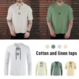 Men's T Shirts Men Viking Pirate Shirt Retro Style Imitation Linen T-Shirts Lace Up Collar Medieval Blouse Casual Tops Tees